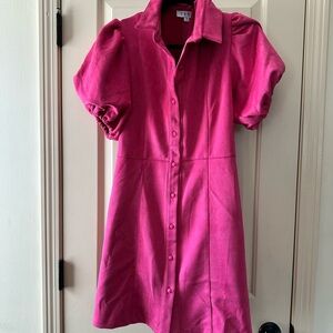 THML Pink faux suede A-line Mini Dress with Puff Sleeves and Polo Collar